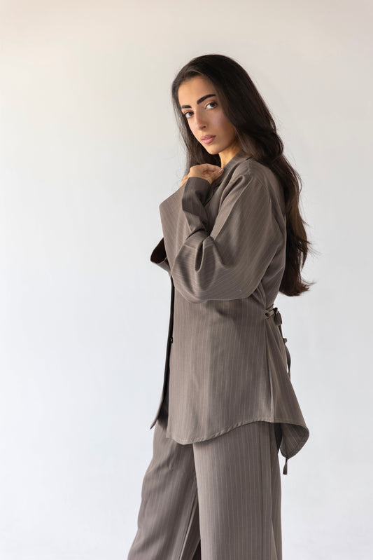 Striped Belted Suit Set - full look side view