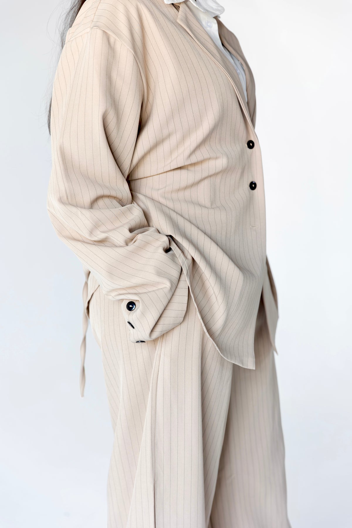 Striped Belted Suit Set Beige - belt and sleeve detail